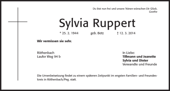 Traueranzeige von Sylvia Ruppert von Pegnitz-Zeitung